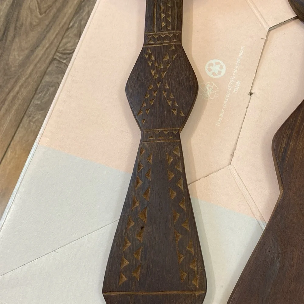 Vintage Rustic Hand Carved Wood Salad Servers Fork and Spoon 12” long